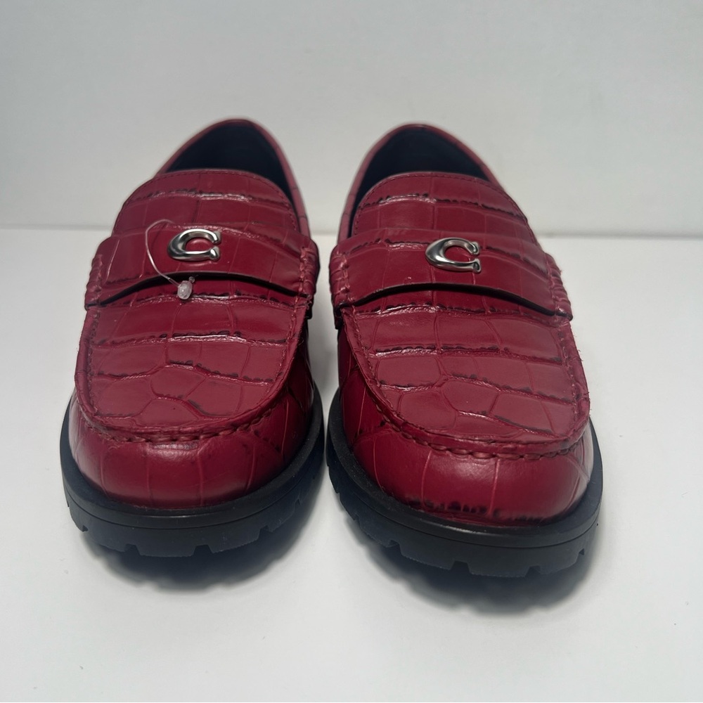 Coach Jocelyn Croc Embossed Dark Ruby Red Leather Slip On Penny Loafers Flats - Picture 7 of 13